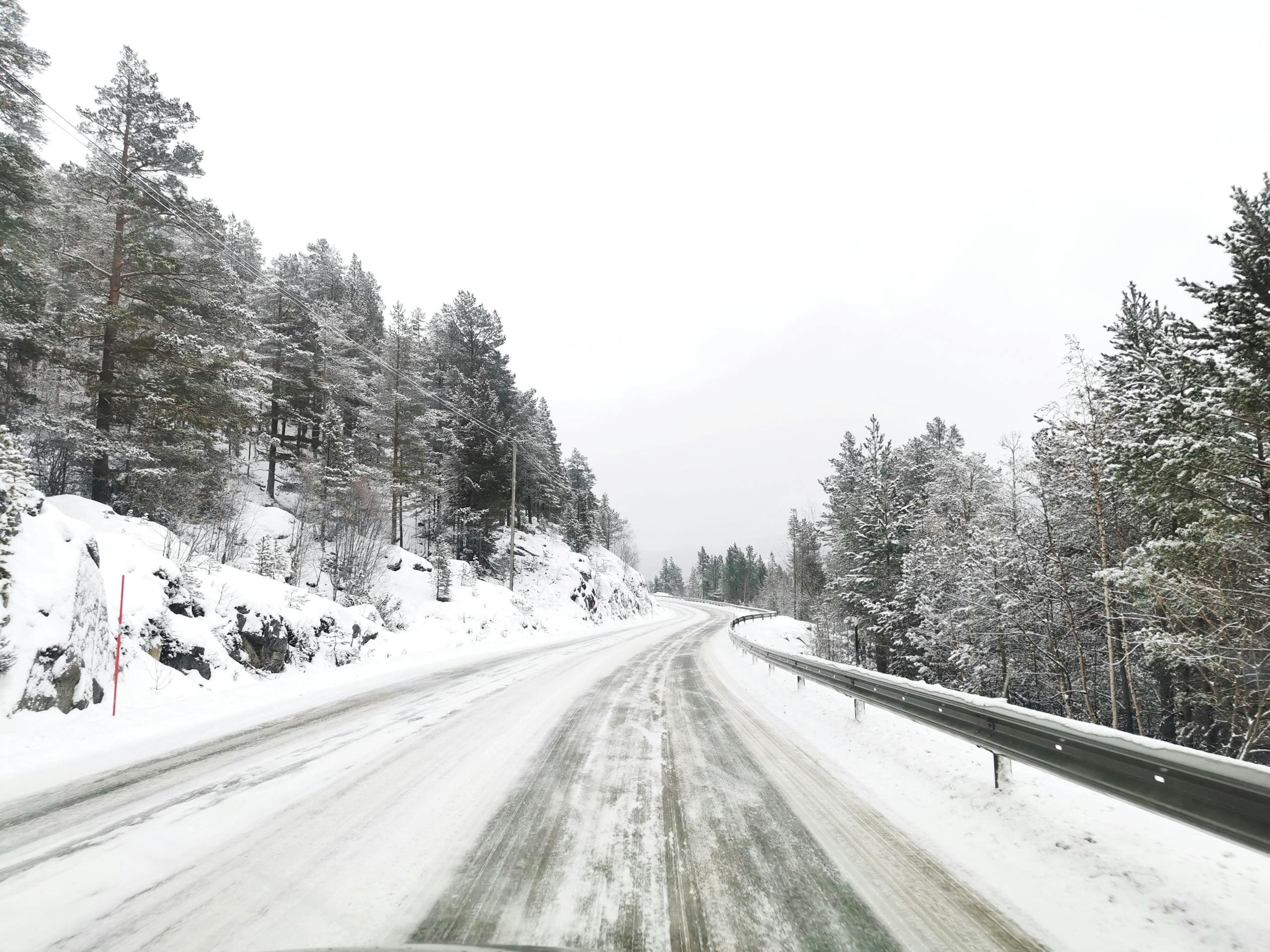 Capture of a winter road lined with snow-dusted trees in Oppdal, Norway.